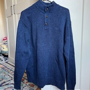 Chaps Men's Blue Button Mock Neck Cotton Knit Sweater with Suede Elbow Patches